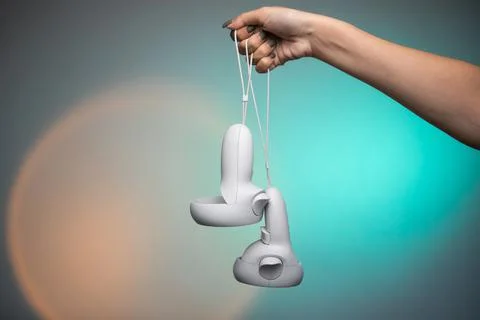 Hand holds vr remote controller, Wireless joystick for next generation video Foto stock