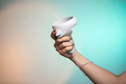 Hand holds vr remote controller, Wireless joystick for next generation video Stock Photos