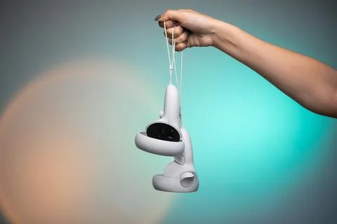 Hand holds vr remote controller, Wireless joystick for next generation video Stock Photos