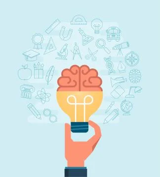 Hand holiding light bulb with a brain surrounded with set of thin line icons Stock Illustration