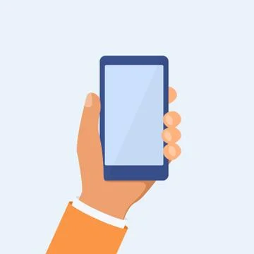 Hand holing smartphone in flat style. Phone in hand concept. Vector EPS10 Stock Illustration