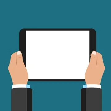 Hand holing tablet computer with blank screen. Vector illustration. Illustrazione stock