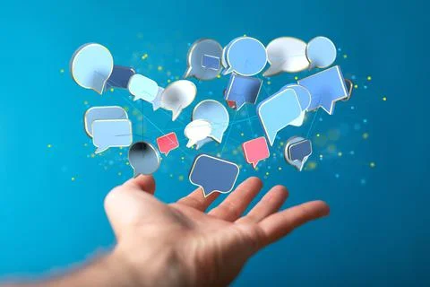Hand hovering 3D render digital speech bubbles conference teamwork connection Stock Photos