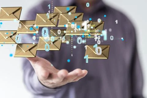 Hand hovering 3D render email icons with binary numbers Foto stock