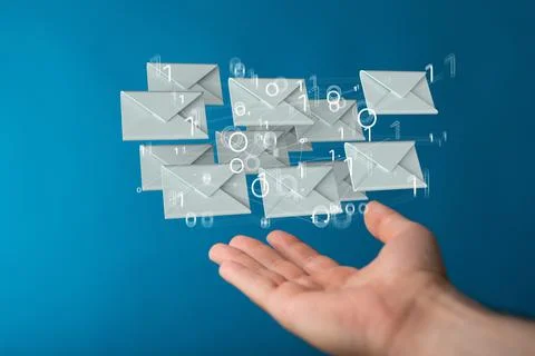 Hand hovering 3D render email icons with binary numbers Foto stock