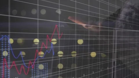 Hand hovering near yellow node, starting red line graph and blue chart weaving Stock Footage 318239974