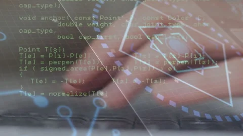 Hand hovering typing C++ code while hexagon graphics pulsing to build Stock Footage 313307614