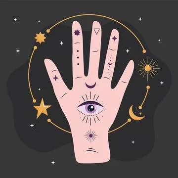 Hand human with eye esoteric and golden stars and moon Stock Illustration