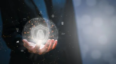 Hand human holding global network security with shield protect icon on virtua Stock-Fotos