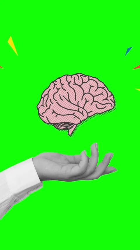 A hand with a human's brain. Modern collage style. Animation on a green screen Stock Footage 337397938