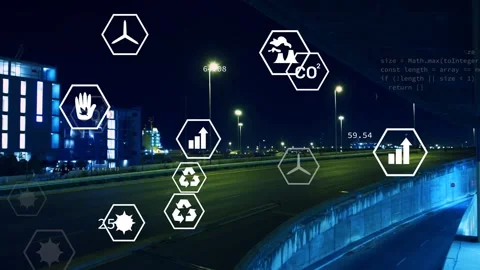 Hand icon appearing triggers hex icons clustering to grid over roadway, Stock Footage 334694172
