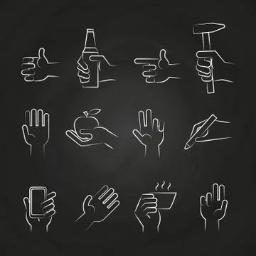 Hand icons with tools and elements on chalkboard 스톡 일러스트