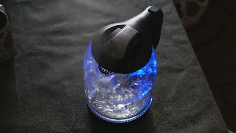 The hand includes an electric, transparent, backlit kettle. Stock Footage 124781976