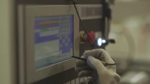 Hand of industrial operator uses computer screen in factory Vidéo 152007237