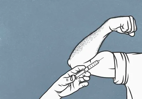Hand injecting steroids into flexed biceps of man Stock Illustration
