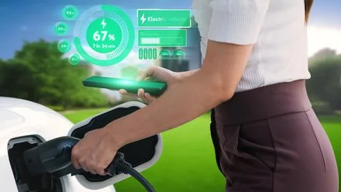 Hand insert EV charger and recharge electric car from charging station. Peruse Stock Photos