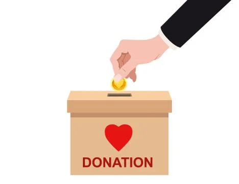 Hand insert golden coin into donate box with text banner donation charity con Stock Illustration