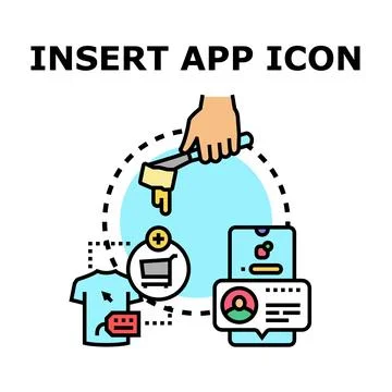 Hand inserting app icon on mobile shopping platform Illustrazione stock