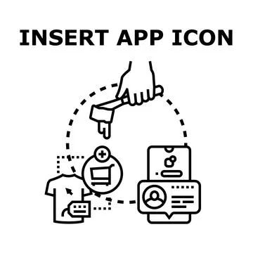 Hand inserting app icon on mobile shopping platform Illustrazione stock