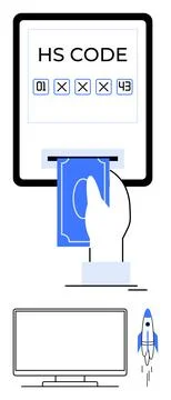 Hand inserting a card into a device displaying HS code with additional elements Illustrazione stock