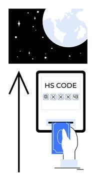 Hand inserting card into HS code machine with earth and space backdrop, upw.. Stock Illustration