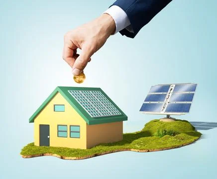 A hand is inserting a coin into a home equipped with solar panels Stock Illustration
