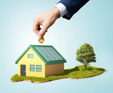 A hand is inserting a coin into a house equipped with solar panels Stock Illustration
