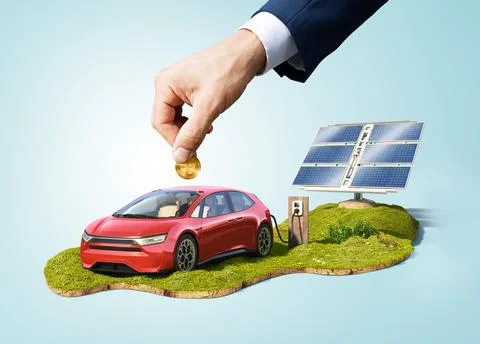 A hand is inserting a coin into a red generic car parked beside a solar panel Stock Illustration