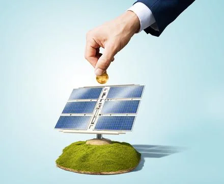 A hand is inserting a coin into a solar panel system Stock Illustration