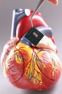Hand inserting microchip into artificial heart mockup using tweezers closeup Stock Photos