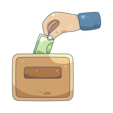 Hand inserting money into a donation box Иллюстрация