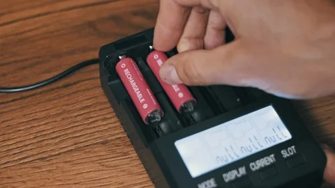 Hand Inserting Pink Rechargeable Batteries Into Charger Video stock 319040026