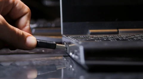 Hand Inserting USB Cable Into Laptop, Media, Technology, Storage Front Shot Stock Footage 41990022