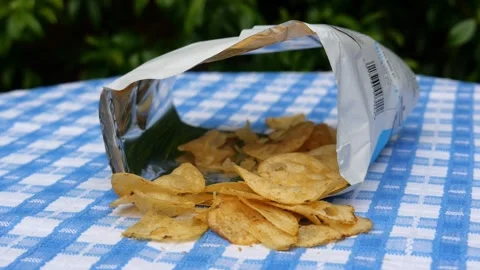 Hand inside bag taking out potato chips on a blue chequered table cloth Stock Footage 275823374