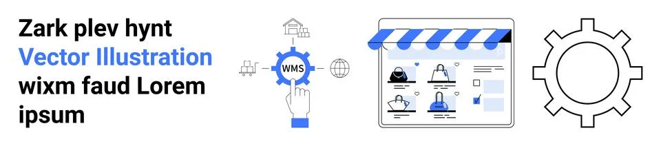 Hand interacting with CMS gear, various shopping icons under storefront canop Stock Illustration