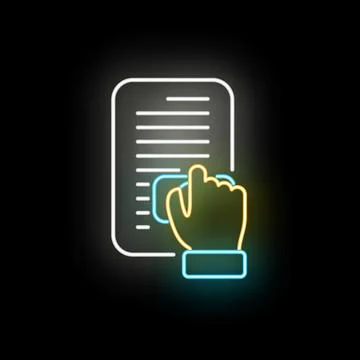 Hand interacting with digital document neon icon Illustration