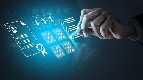 A hand interacting with digital interface icons for recruitment, candidate .. Stock Photos