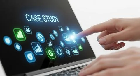 Hand interacting with digital screen displaying case study and app icons Illustrazione stock