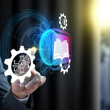 A hand interacting with a futuristic virtual screen displaying AI and educa.. 스톡 사진