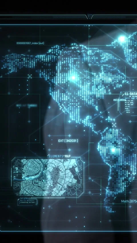 Hand interacting with glowing digital world map touchscreen Stock Footage 320473137