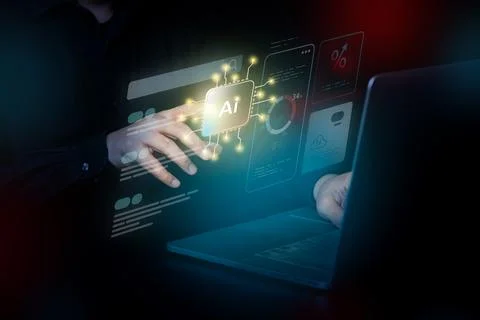 Hand interacting with a hologram AI interface and glowing processor icon re.. 库存照片