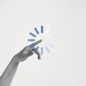 Hand interacting with loading spinner on white background Stock Illustration