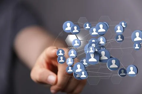 Hand interacting with many of online users connected, 3d render Stock Photos