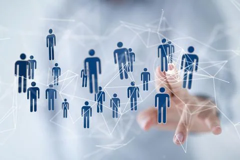 Hand interacting with many of online users connecting, 3d render Stock Photos