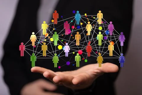 Hand interacting with many of online users connection, 3d render Stock Photos