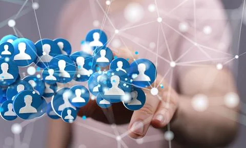 Hand interacting with many of online users connected, 3d render Stock Photos