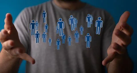Hand interacting with many of online users net, 3d render Stock Photos