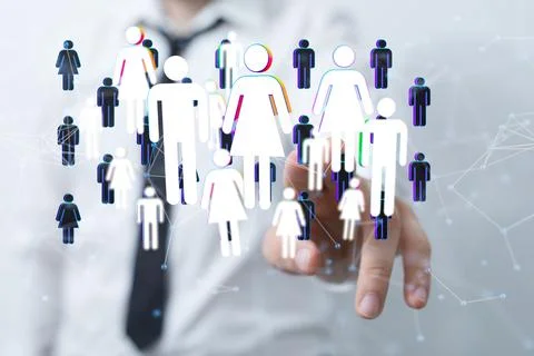 Hand interacting with many of online users connected, 3d render Stock Photos