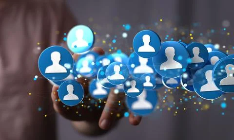 Hand interacting with many of online users connecting, 3d render Stock Photos