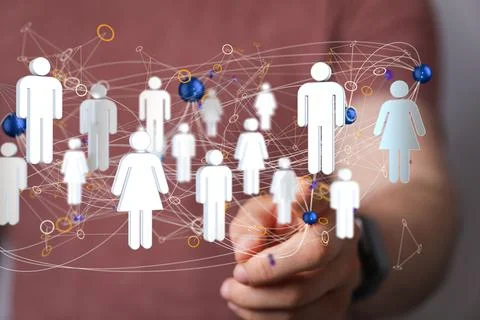 Hand interacting with many of online users connected, 3d render Stock Photos